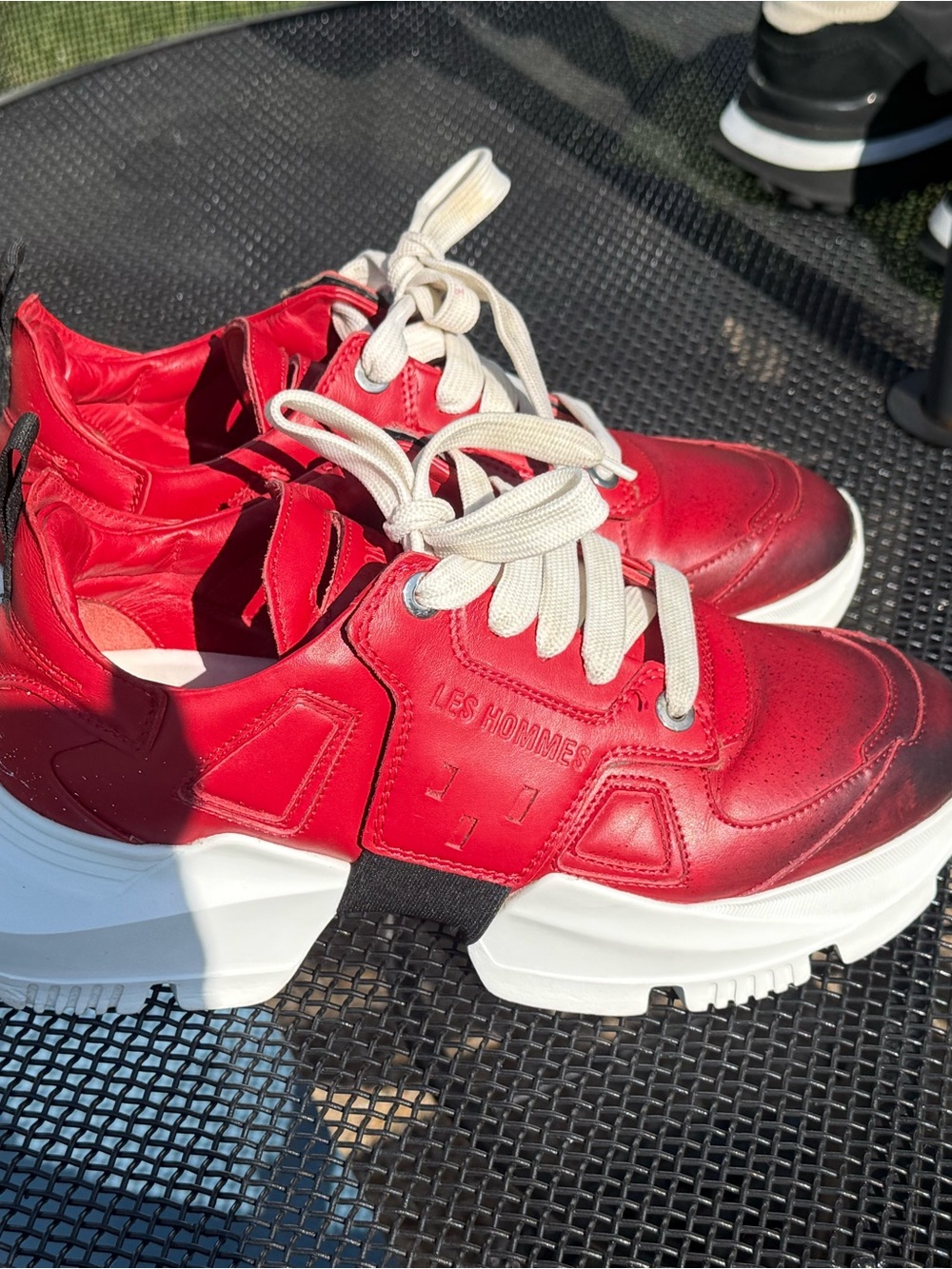 Les Hommes Red Leather Chunky Sneakers with White Laces